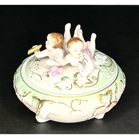 VTG Cherubs COVERED DISH Bisque Porcelain Footed Dresser Box Harp Horn Gold Pink - Picture 2 of 11